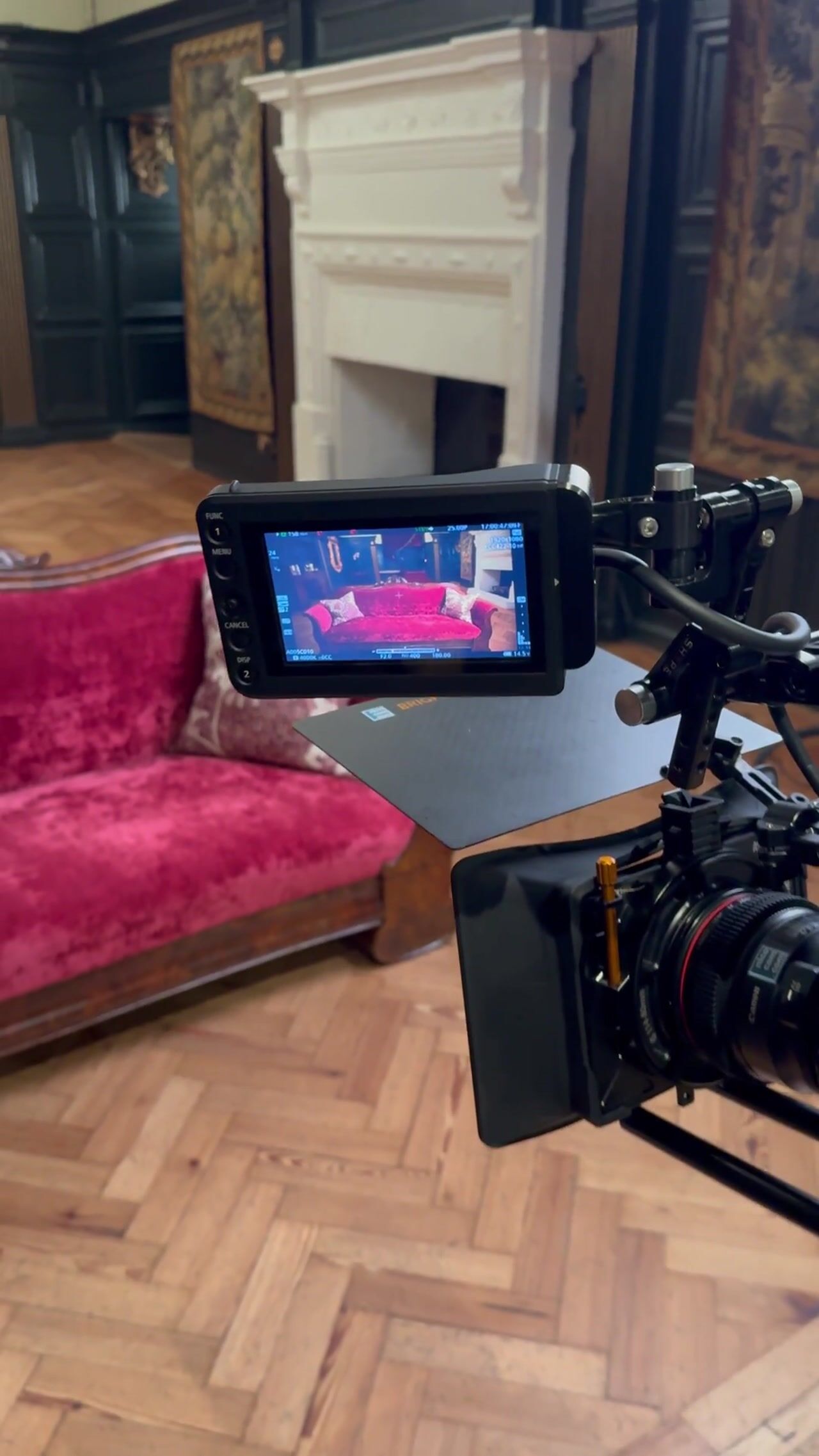 A camera monitor showing a red velvet sofa in shot, foreground of a wood-panelled room with a white fireplace and framed tapestries.